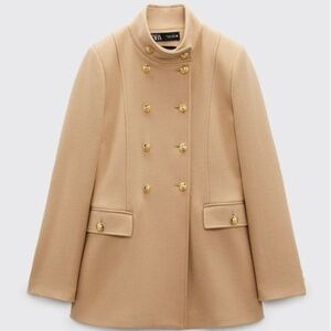 ZARA MANTECO WOOL DOUBLE BREASTED MILITARY PEA COAT TAN CAMEL GOLD BUTTONS M EUC
